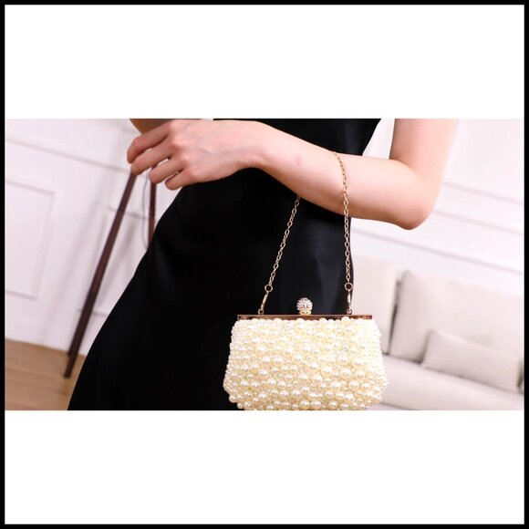 Elegant Pearl Beaded Evening Clutch Purse with Removable Chains Formal Party